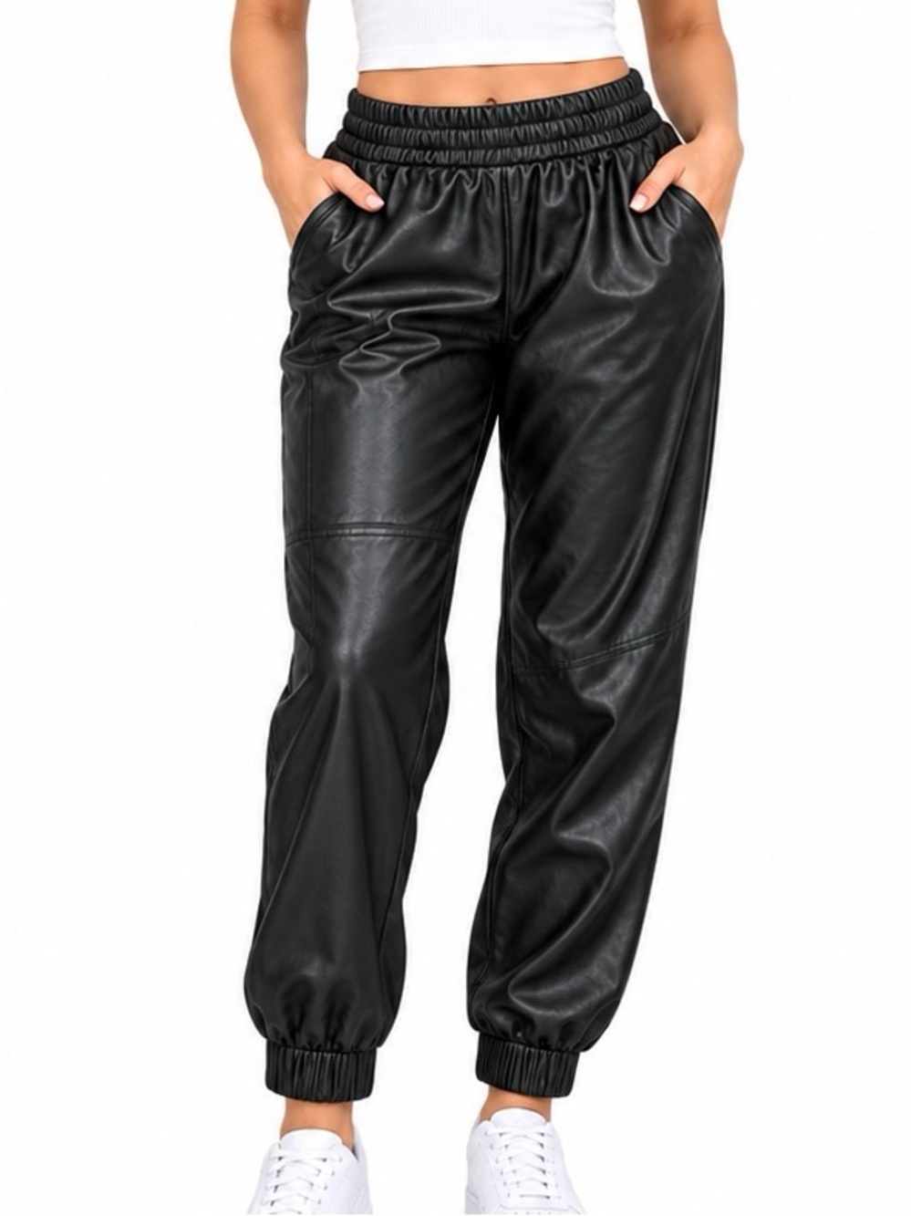 Calla Women’s Black Faux Leather Jogger Pants Size Large Elastic Waist